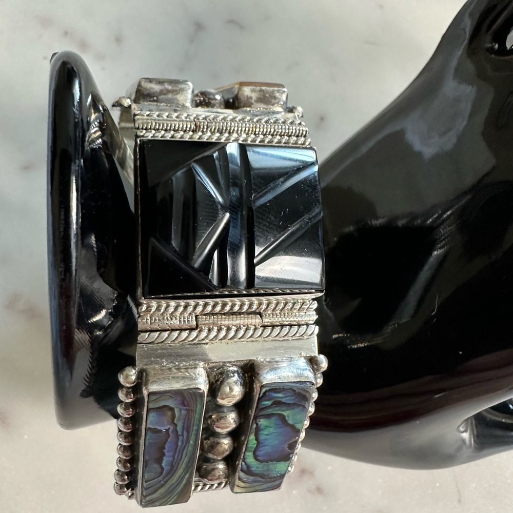 Vintage Abalone and Onyx Panel Bracelet Mexican Silver 925 Handmade 64.5…